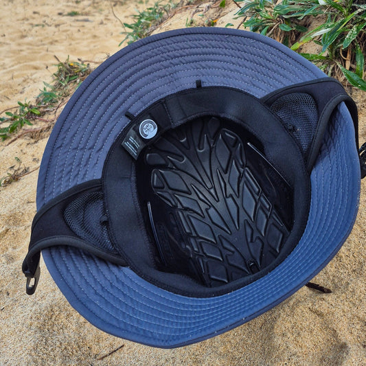 Surf hat charcoal inside view protective inner shell made eva foam with wide brim and neoprene sweatband