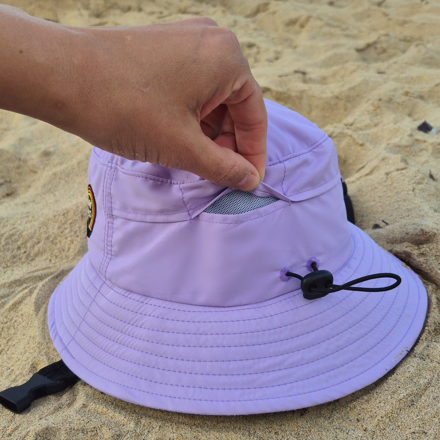surf hat purple view from the back mesh panel and adjustable elastic band